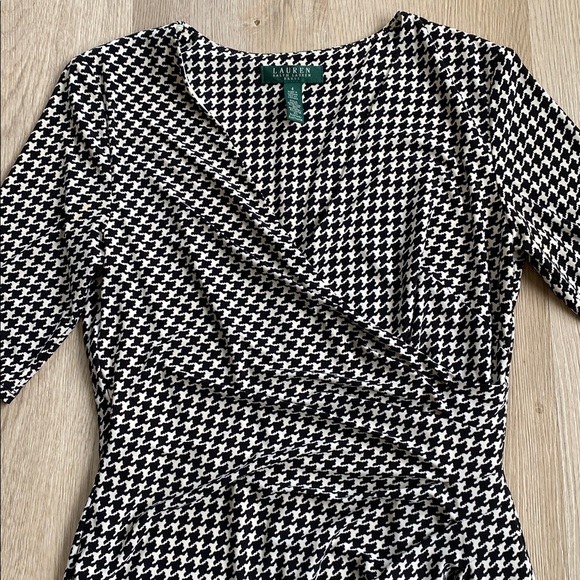 Lauren Ralph Lauren Houndstooth Faux Wrap Dress Black White Career Office Midi - Picture 3 of 11